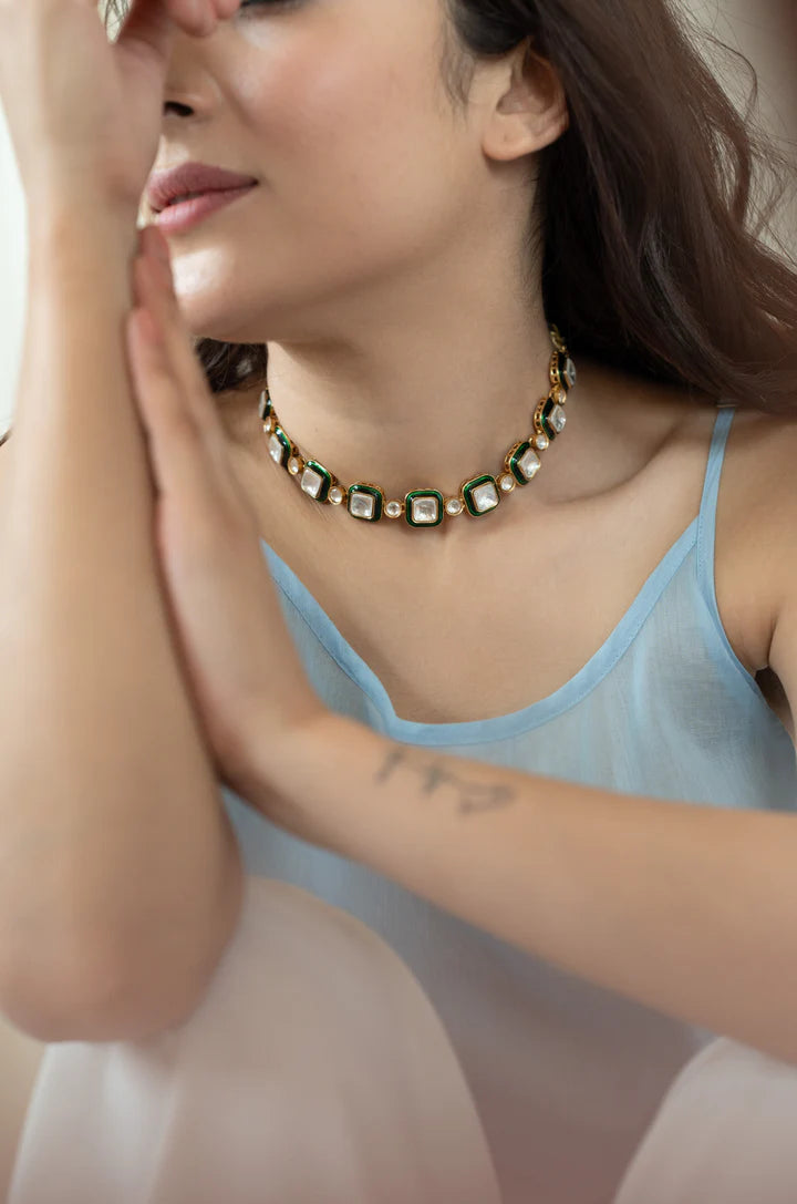 Amirah Enamel Green Necklace Set