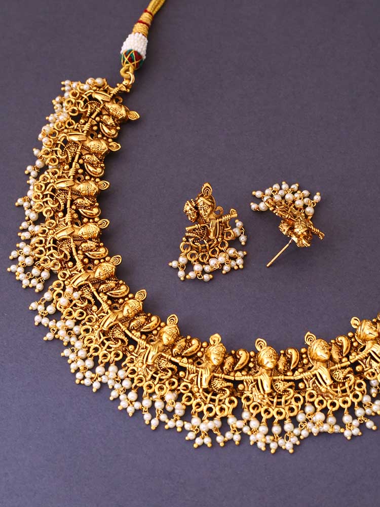 Golden Krishna Temple Jewellery Set