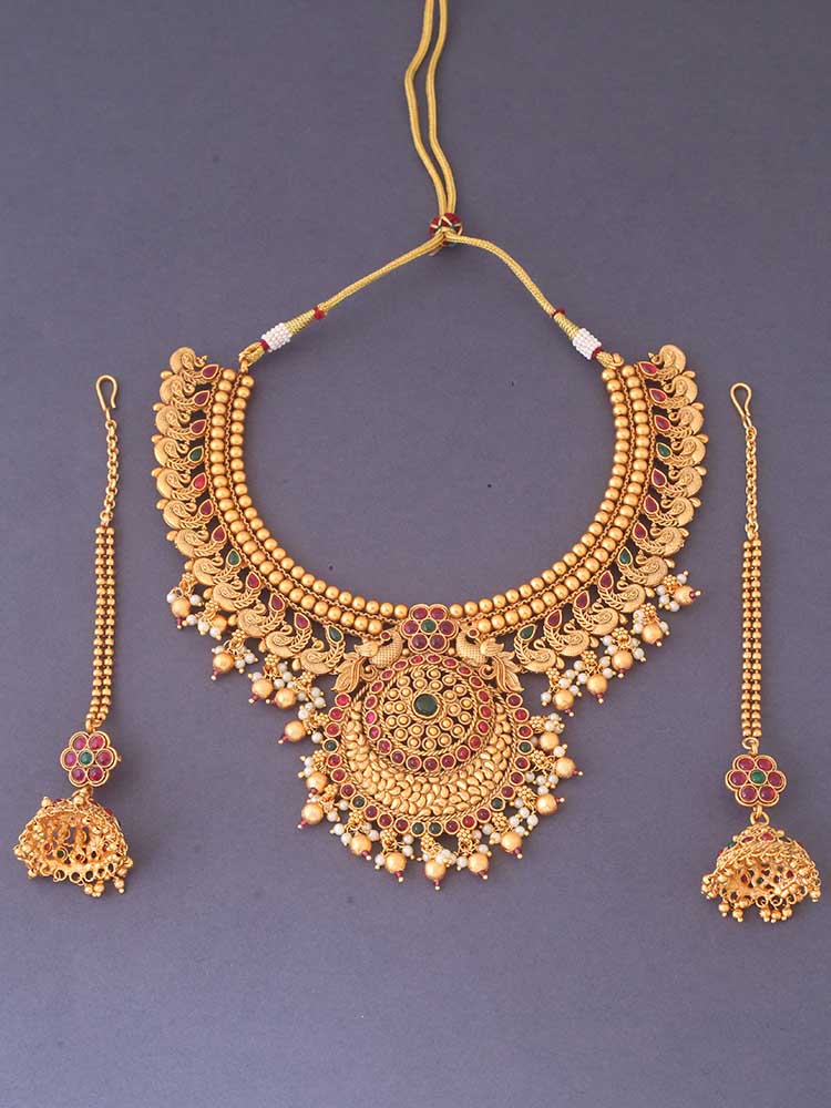 MULTICOLOR TRILOKI TEMPLE JEWELLERY SET