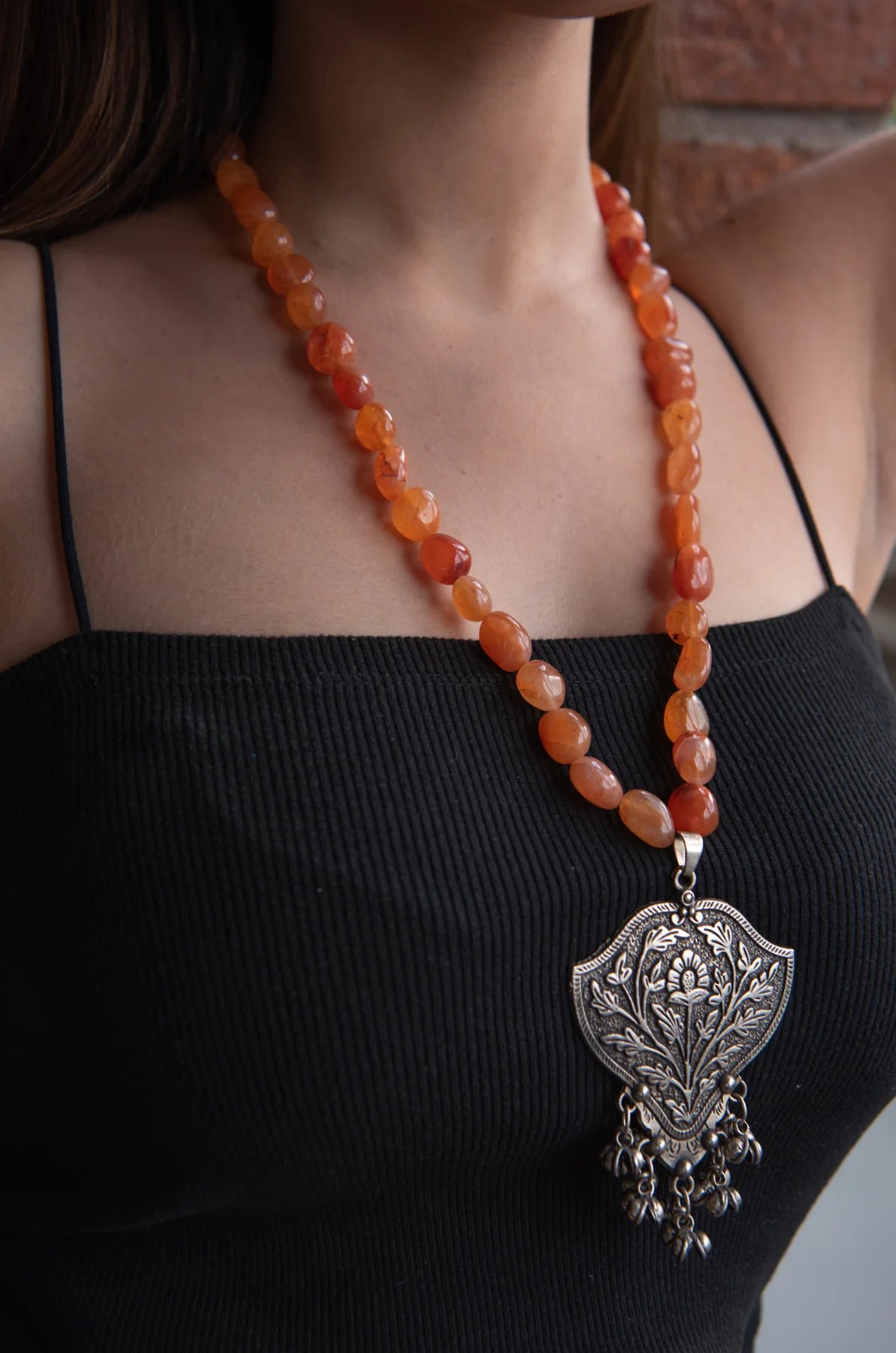 Astrid Orange Oxidized Silver Necklace